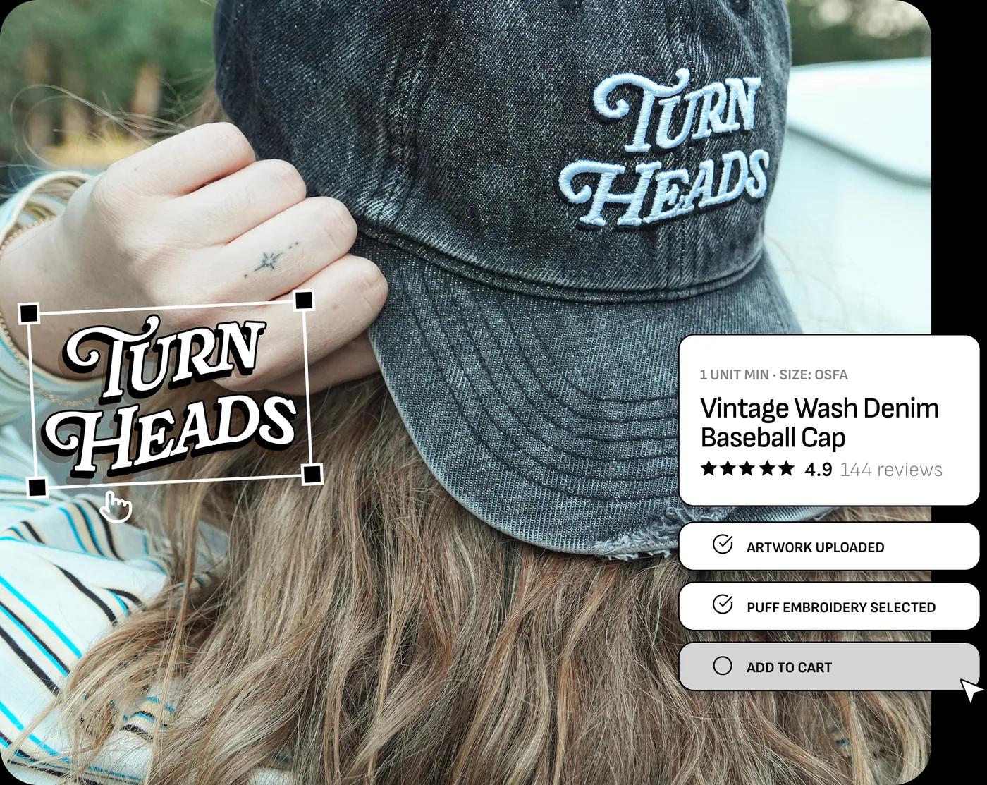 Vintage wash denim baseball cap with a 3D embroidered logo, shown in the Inkse designer with artwork uploaded and embroidery selected