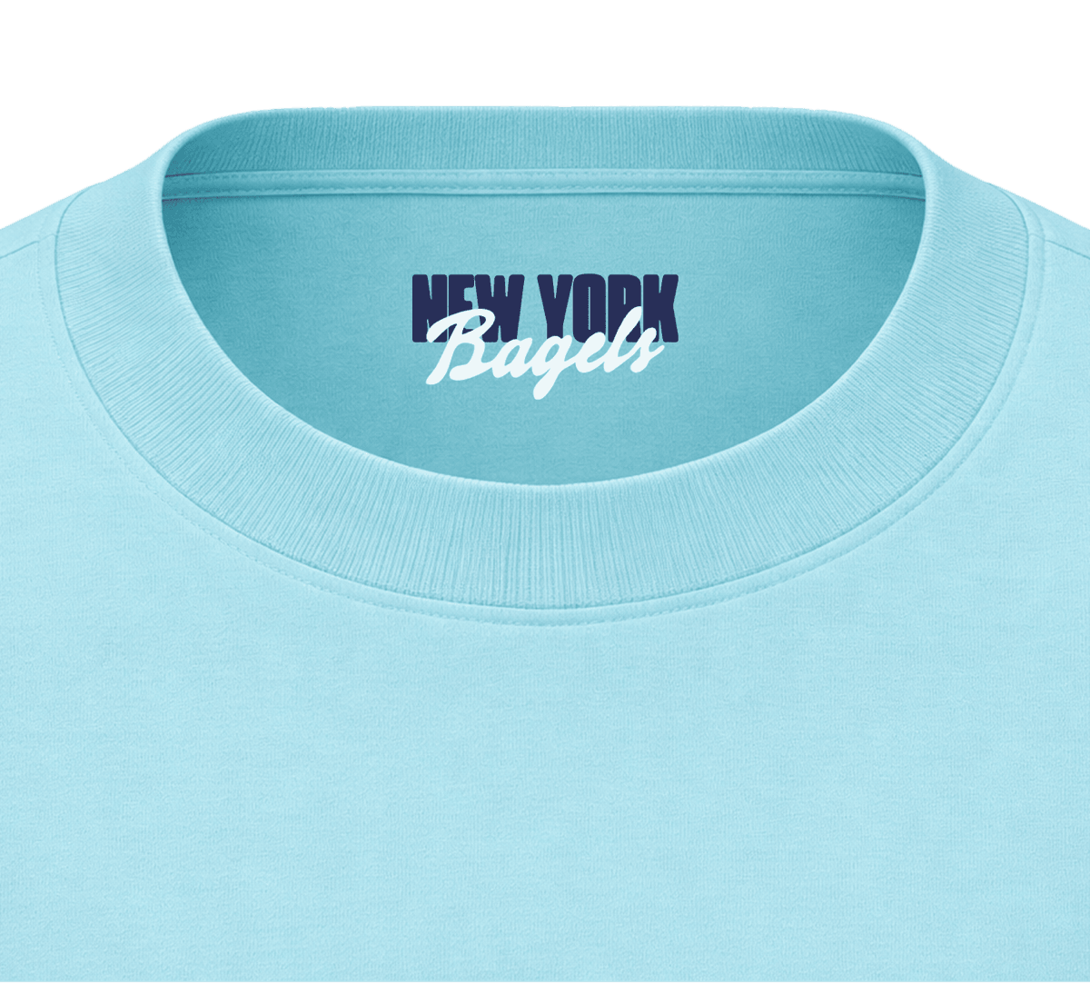 3D render of a custom printed neck label inside a light blue tee in the Inkse workspace